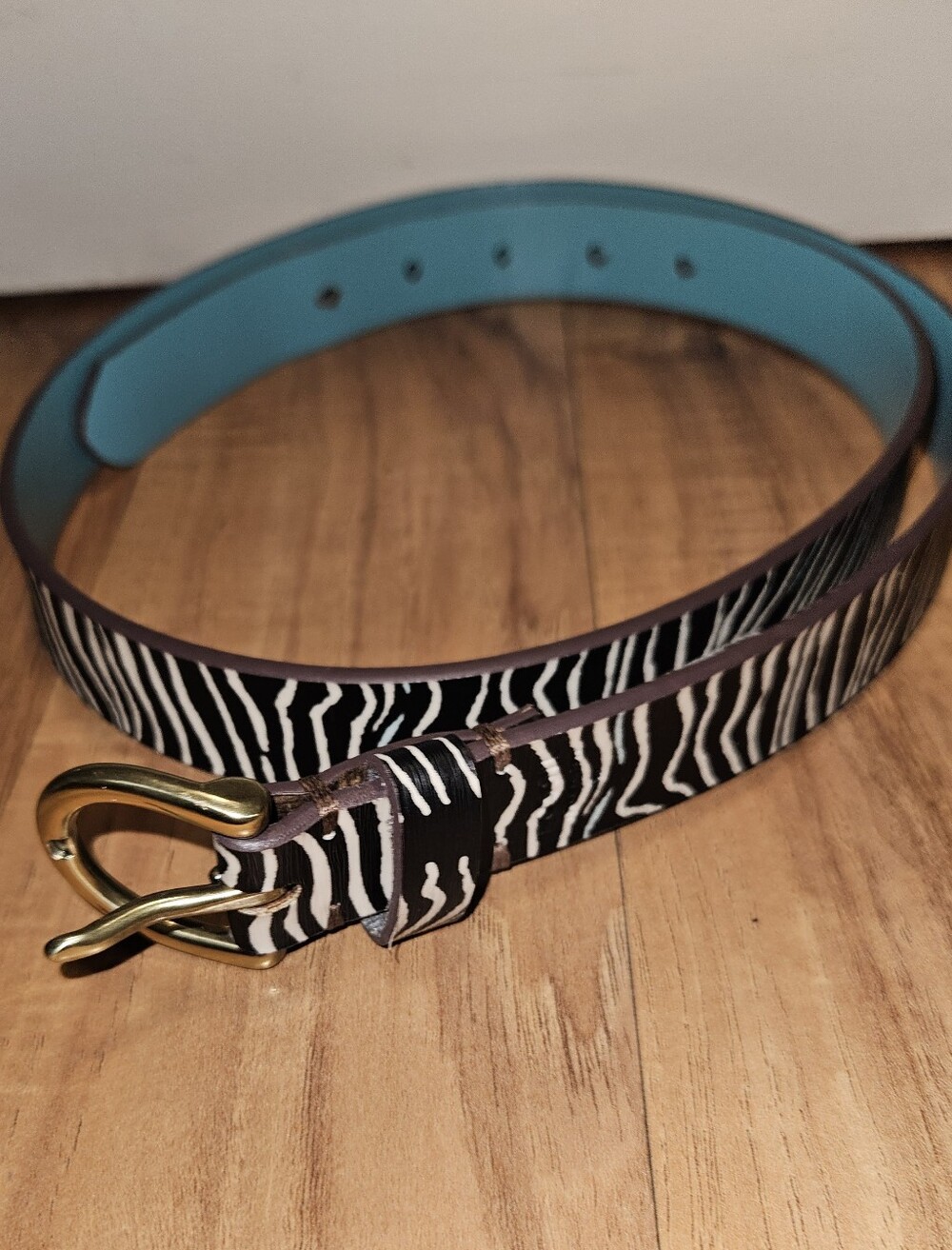 Vintage Fossil Zebra-Print Leather Belt with Gold Buckle - Black/White/Turquoise